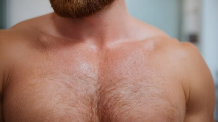 A close up thoughtful portrait of a muscular shirtless man with a thick reddish brown beard and a bare hairy chest