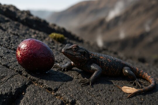 Lava rock agama facing jungle jalap fruit on dark volcanic rock surface with mountain backdrop


