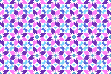 Colorful geometric seamless pattern in pink, blue, and purple tones. Inspired by Islamic mosaic designs, ideal for textile, wallpaper, packaging, or digital backgrounds.