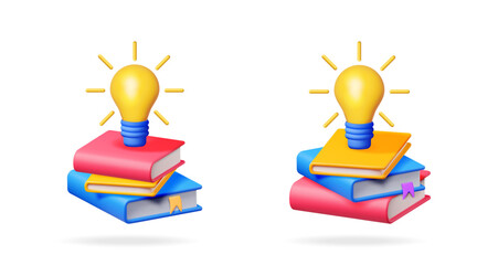 Stack of colorful books with a glowing light bulb on top, symbolizing knowledge, innovation, and learning concept. © absent84