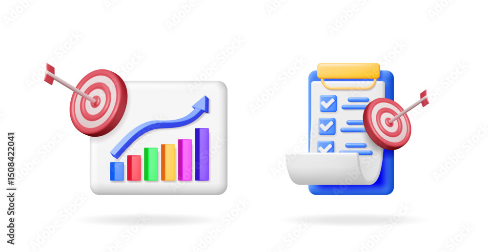 Poster 3d vector set collection with a bar chart, up arrow, and target with an arrow, and a checklist with 