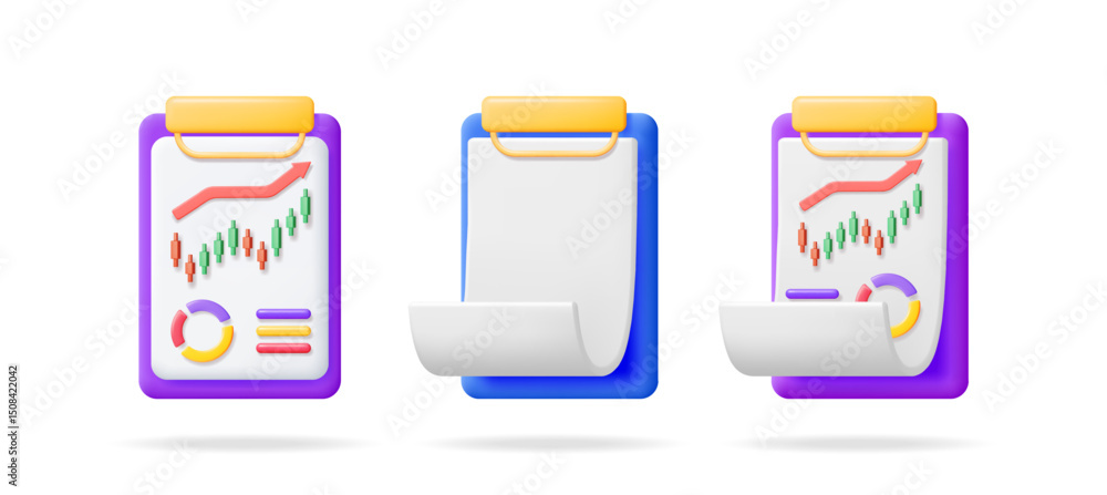 Poster 3d vector set collection of white clipboard with stock market chart and empty clipboard for business