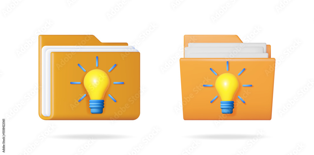 Poster two orange 3d vector folder icons with a light bulb symbol. creative idea and solution concept for d