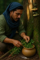 Man collecting wild purslane beside moss-covered tree trunk with fungi layers and clay pot for natural use