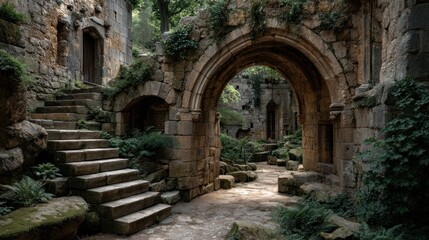 Mystical ruins of an ancient castle overgrown with nature, architecture photography