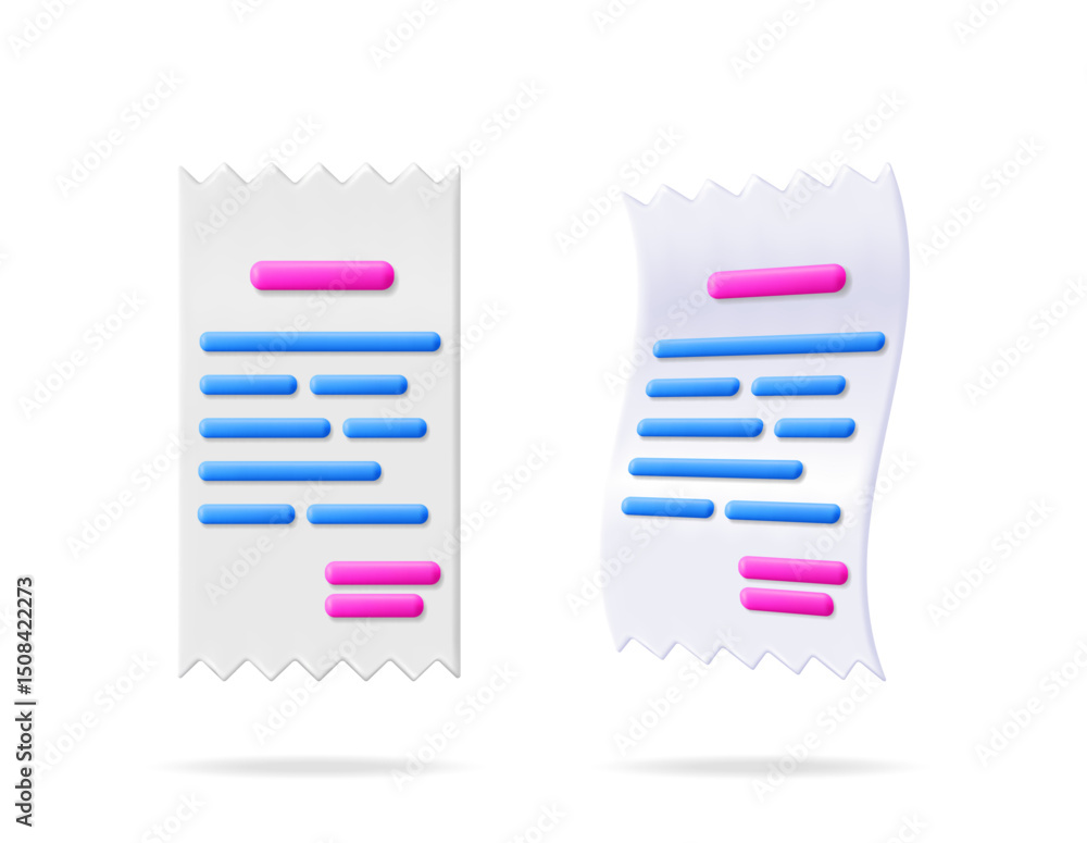Fototapete two 3d vector realistic paper receipts with abstract text lines in blue and pink on white background