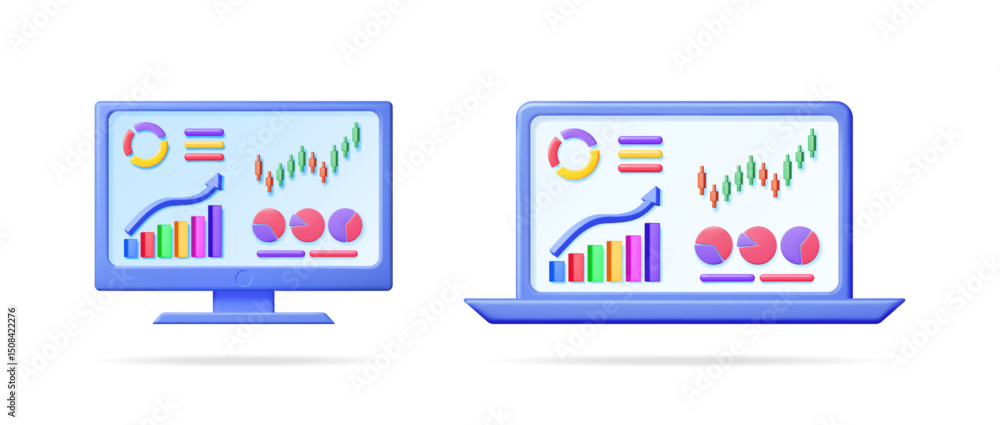 Poster 3d vector set collection with business analytics on computer monitor and laptop showing growth data 