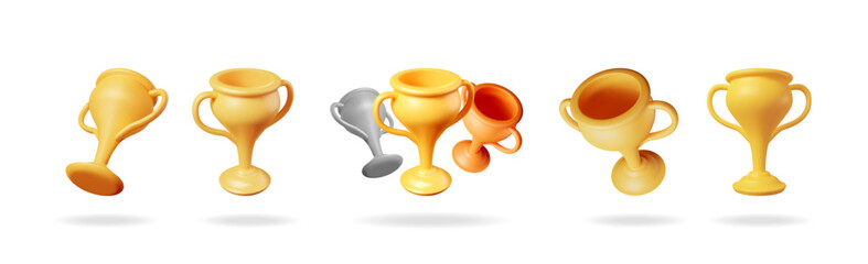 3d vector set collection of various gold, silver, and bronze trophy cups. Cartoon style award for victory. Concept of achievement and winning.