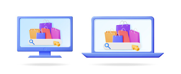 Online shopping concept with colorful bags on computer monitor and laptop. E-commerce display with search bar. Digital retail experience.