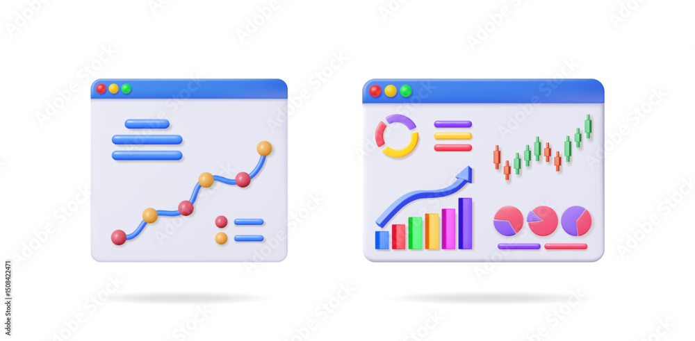 Poster two browser windows with business data visualization. financial charts, growth graph, and stock mark