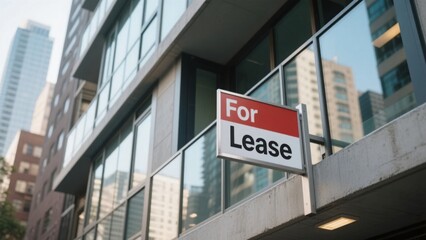 Naklejka premium Modern apartment building with for lease sign in focus, urban real estate rental property and commercial space vacancy concept.