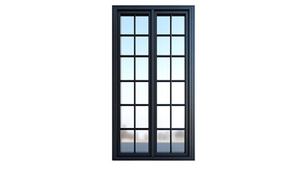 A tall, dark-framed window with multiple panes shows a blurred outdoor scene.  The sky is visible through the glass isolated on transparent or white background. Generative ai