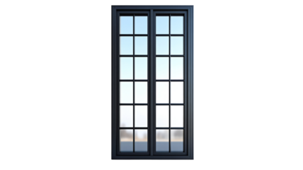 A tall, dark-framed window with multiple panes shows a blurred outdoor scene.  The sky is visible through the glass isolated on transparent or white background. Generative ai