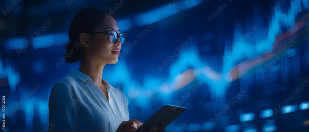 Poster a woman in glasses intently studying financial data and charts displayed on a large digital screen s