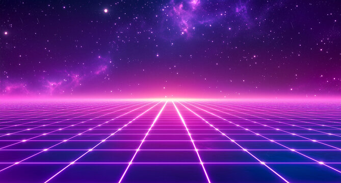 Retro background futuristic landscape 1980s style. Digital retro landscape cyber surface. Retro music album cover template : sun, space, mountains . 80s Retro Sci-Fi Background Summer Landscape.