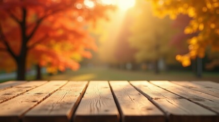 Empty rustic wooden table with blurred background of vibrant autumn forest, for showcasing products, fall-themed designs, or seasonal promotions