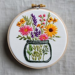 Embroidery of wildflowers in a jar