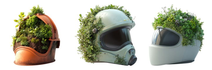 Unique Helmet Designs with Vegetation on Transparent Background