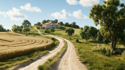 Obraz premium Picturesque Countryside Farmhouse Winding Dirt Road Leads to Rural Home