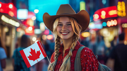Calgary Stampede Festival, Young Woman in Cowboy Hat Holds Canadian Flag in Vibrant City Night