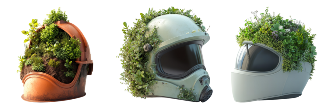 Unique Helmet Designs with Vegetation on Transparent Background