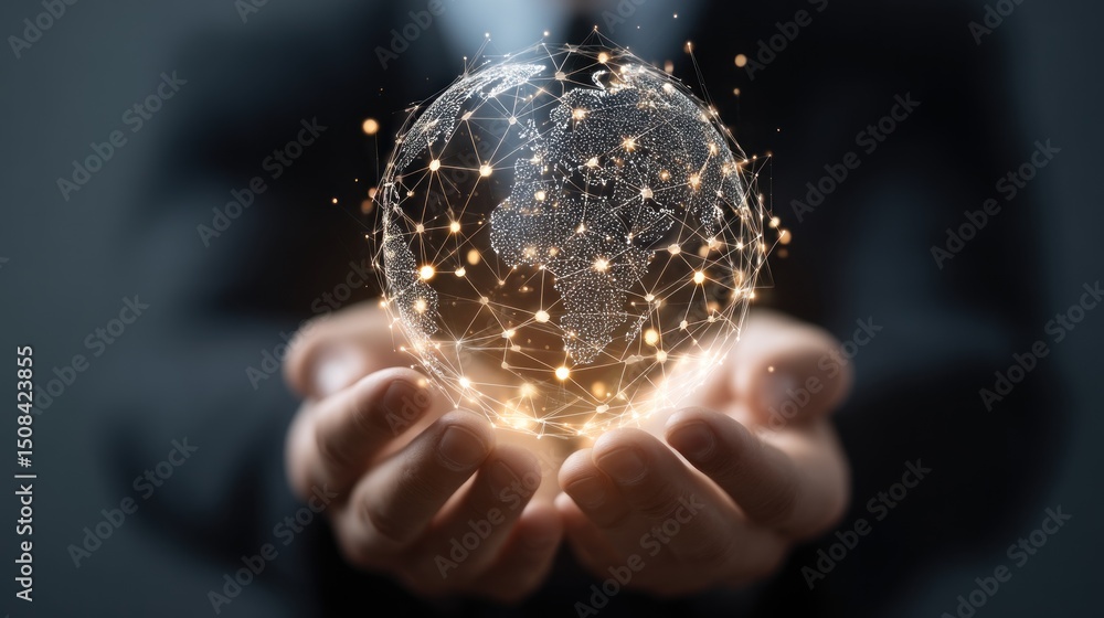Poster global network in hands: a visual representation of worldwide connectivity and interdependence