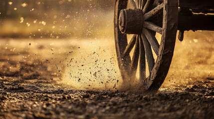 Rustic Wooden Wheel Cart Splashing Mud on Dirt Road at Sunset Calgary Stampede Festival