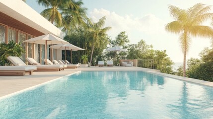 Obraz premium Luxurious Poolside Villa Relaxation Tropical Getaway with Stunning Ocean Views