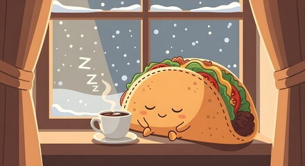 Sleeping Taco by Window with Coffee