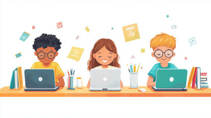 Children learning coding on laptops in a colorful home school setting