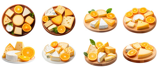 Collection of various a cheese platter featuring different cheeses served with fresh orange slices isolated on white transparent background PNG set