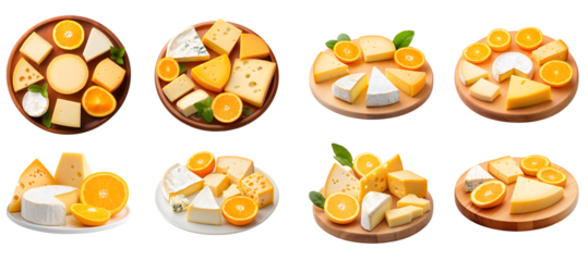 Collection of various a cheese platter featuring different cheeses served with fresh orange slices isolated on white transparent background PNG set