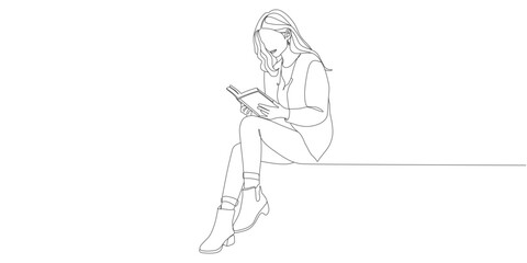 Minimal Line Art of Woman Sitting and Reading a Book