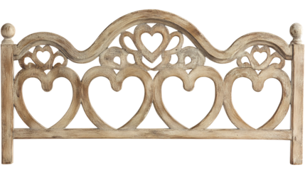 A weathered, ornate wooden headboard featuring a heart motif with carved swirls. Its faded color gives it a rustic charm and vintage feel isolated on transparent or white background. Generative ai