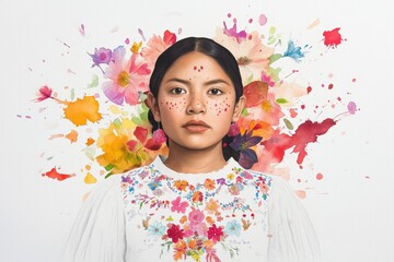 Artistic watercolor of a young Latina girl in embroidered traditional blouse, surrounded by vibrant splashes symbolizing Latin American heritage and resilience.
