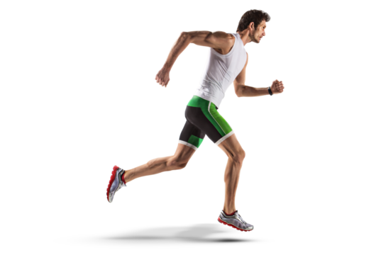 Sports black and white background. Runner on the start. Isolated scene.	