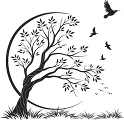 A beautiful floral tree design with black silhouette birds, perfect for a nature-inspired pattern or tattoo art element