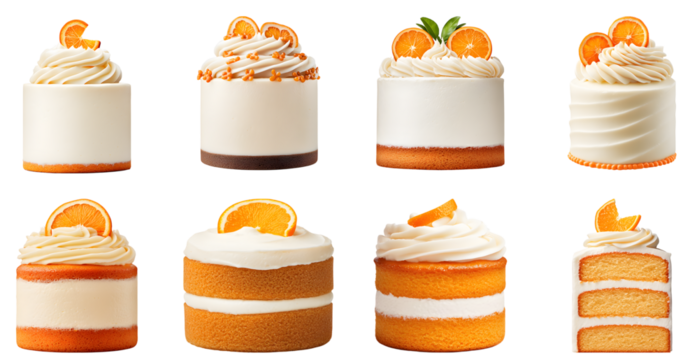 Collection of various a fluffy orange-flavored cake with orange zest frosting and candied orange peel isolated on white transparent background PNG set