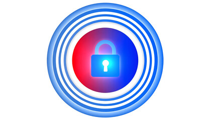 Abstract circular graphic with concentric rings in red and blue gradients, centrally featuring a glowing blue padlock icon symbolizing security or protection
