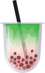 Matcha bubble tea with strawberries. Matcha latte with tapioca pearls.