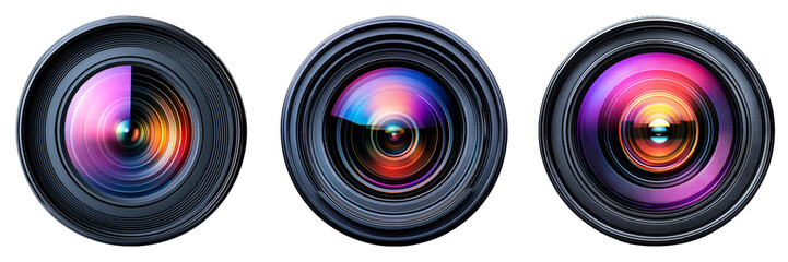 Three Camera Lenses Isolated on a Clear Transparent Background