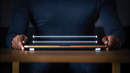 A person demonstrates a laptop stand on a desk, highlighting horizontal movement with glowing arrows.