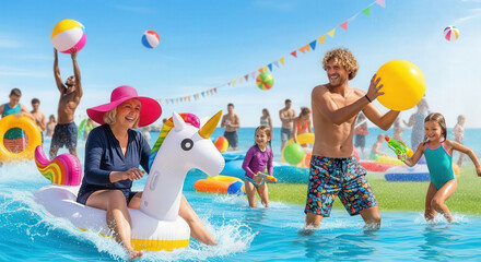 Plakat Cool and funny image of a joyful family enjoying at a beach waterpark , playing with beach balls, water guns, and colorful inflatables. Perfect for advertising vacations, summer travel, outdoor fun