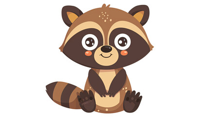 Adorable cartoon raccoon sitting, exhibiting a cheerful expression with large eyes and a bushy tail