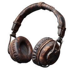 Aged leather headphones, showing wear and tear, exhibit a vintage aesthetic.  The brown leather is heavily distressed