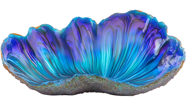An abstract, shell-like artwork with vibrant blue, purple, and black hues, featuring a textured base isolated on transparent or white background. Generative ai