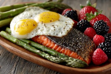 Best foods to lower cholesterol naturally. Grilled salmon fillet topped with sunny-side-up eggs, served with asparagus and mixed berries on a rustic wooden background for healthy meal.