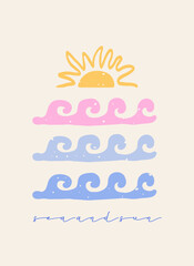 Hand drawn sun and sea poster. Summer t-shirt design. Surf club concept. Beach modern vintage print with ocean wave. Summer vacation graphic design. Vector illustration.