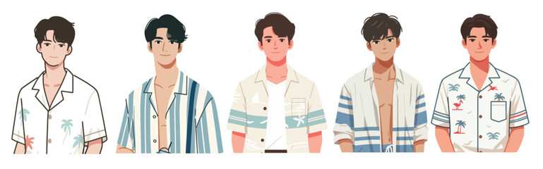 Illustration of a halfbody young man wearing a beach shirt, vector set