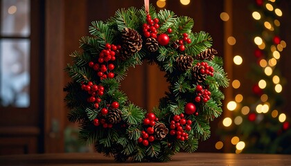 Festive evergreen wreath adorned with pine cones and red berries, set against a bokeh background